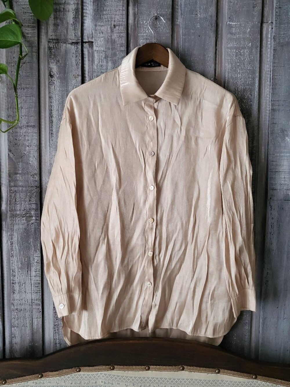 Shiny Beige Button Down Shirt Size S Shimmer Satin Blouse Oversized